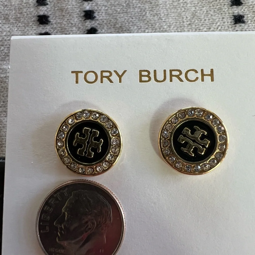 Tory Burch Black and Gold Crystal Stud Earrings